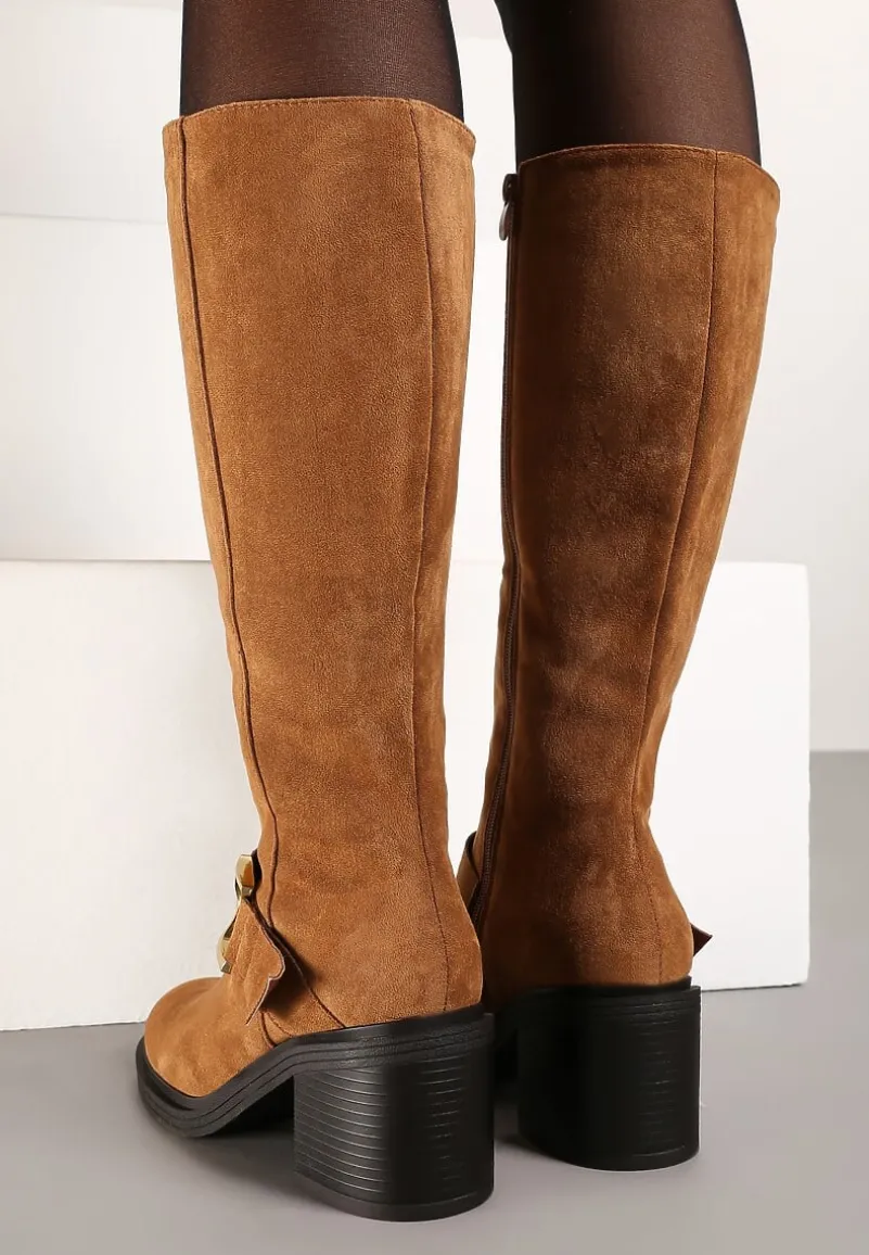 Brązowe Kozaki Vices na Słupku z Ozdobną Klamrą i Ociepleniem Moriti