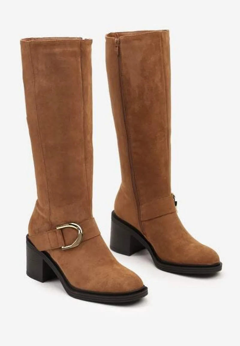 Brązowe Kozaki Vices na Słupku z Ozdobną Klamrą i Ociepleniem Moriti