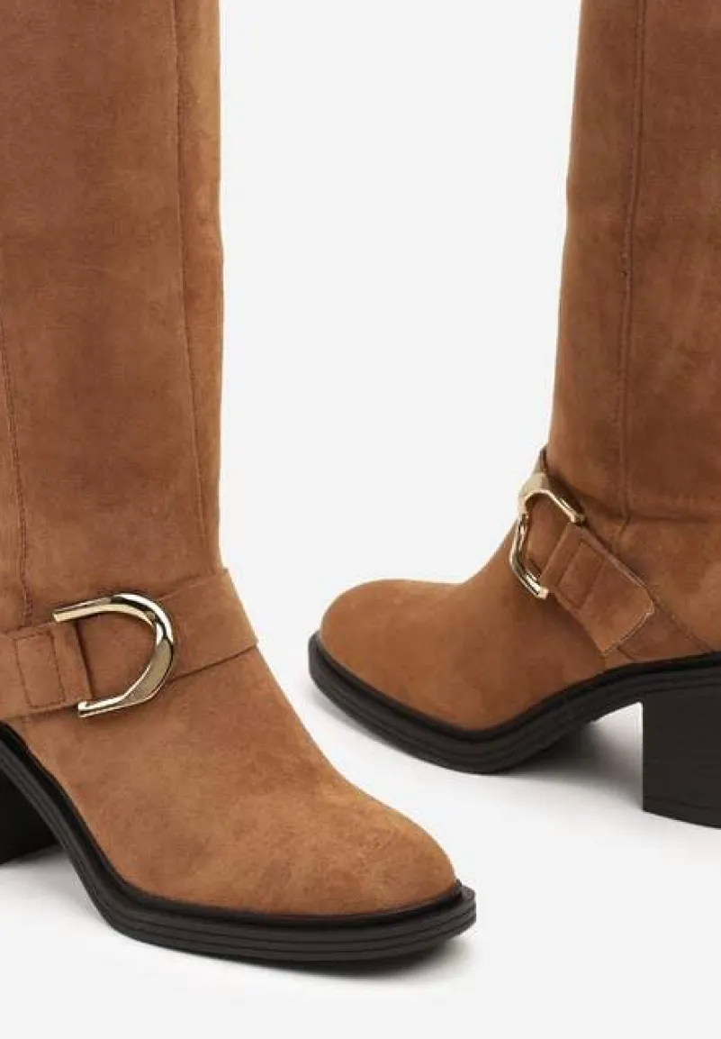 Brązowe Kozaki Vices na Słupku z Ozdobną Klamrą i Ociepleniem Moriti