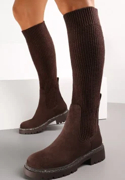 Brązowe Kozaki w Cyrkonie z Elastyczną Cholewką przed Kolano Jeanlli