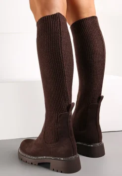 Brązowe Kozaki w Cyrkonie z Elastyczną Cholewką przed Kolano Jeanlli