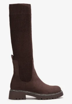 Brązowe Kozaki w Cyrkonie z Elastyczną Cholewką przed Kolano Jeanlli