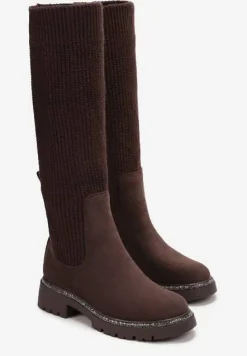 Brązowe Kozaki w Cyrkonie z Elastyczną Cholewką przed Kolano Jeanlli