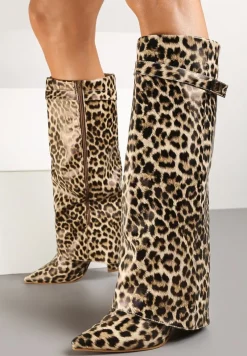 Brązowe Kozaki w Panterkę na Obcasie z Modnie Wywiniętą Cholewką Nartani