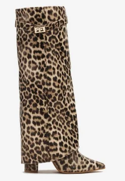 Brązowe Kozaki w Panterkę na Obcasie z Modnie Wywiniętą Cholewką Nartani