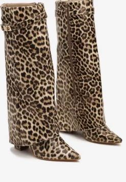 Brązowe Kozaki w Panterkę na Obcasie z Modnie Wywiniętą Cholewką Nartani