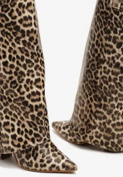 Brązowe Kozaki w Panterkę na Obcasie z Modnie Wywiniętą Cholewką Nartani