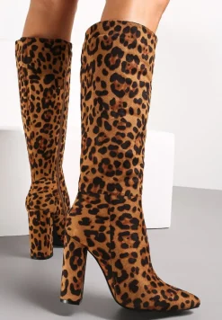 Brązowe Kozaki w Panterkę na Słupku z Noskiem w Szpic Riannesa