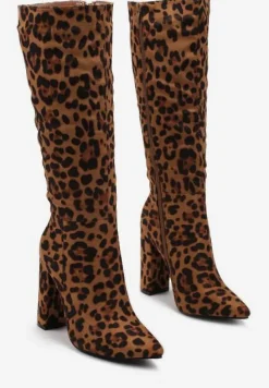 Brązowe Kozaki w Panterkę na Słupku z Noskiem w Szpic Riannesa