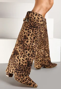 Brązowe Kozaki w Panterkę na Słupku z Wywiniętą Cholewką i Klamerką Upaxa