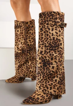 Brązowe Kozaki w Panterkę na Słupku z Wywiniętą Cholewką i Klamerką Upaxa