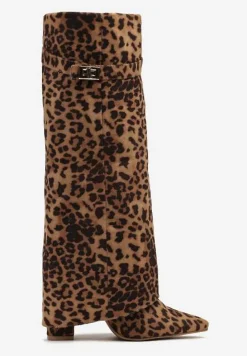 Brązowe Kozaki w Panterkę na Słupku z Wywiniętą Cholewką i Klamerką Upaxa