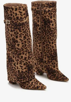 Brązowe Kozaki w Panterkę na Słupku z Wywiniętą Cholewką i Klamerką Upaxa