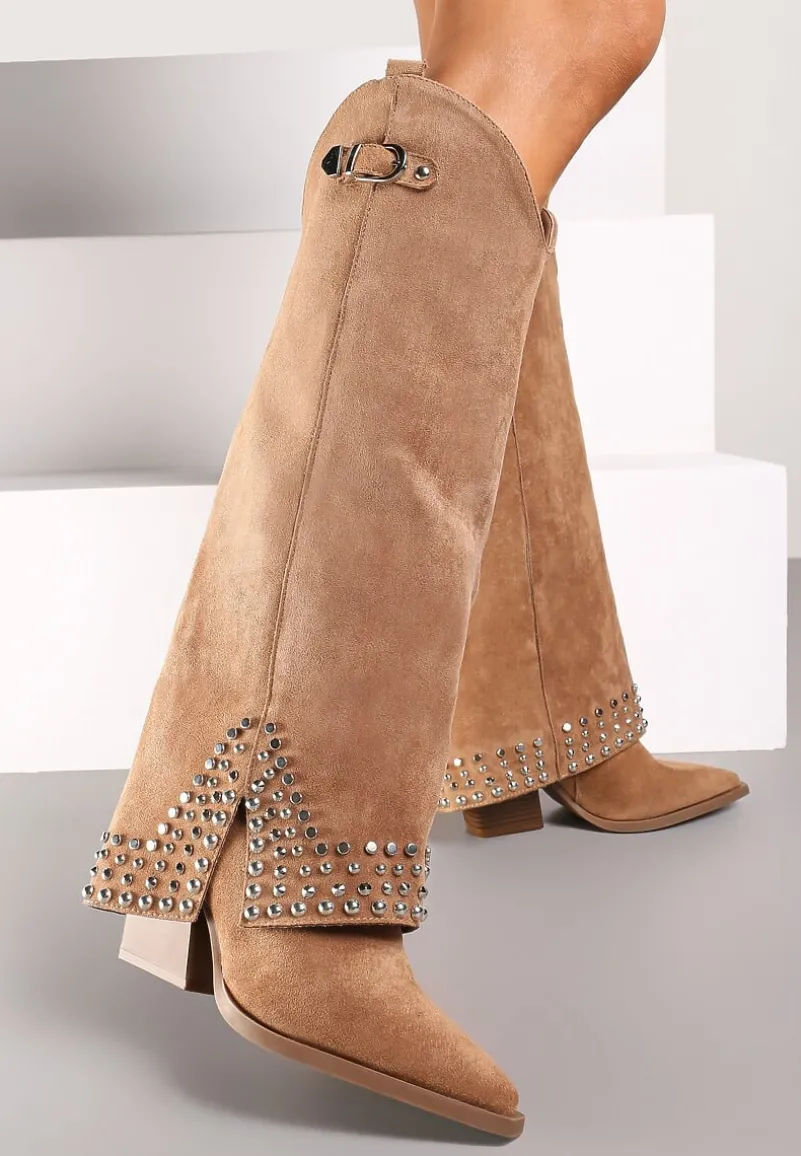 Brązowe Kozaki w Stylu Kowbojek z Nitami i Wywiniętą Cholewką Irimora