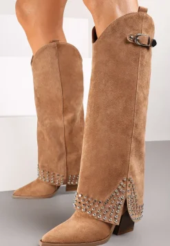 Brązowe Kozaki w Stylu Kowbojek z Nitami i Wywiniętą Cholewką Irimora