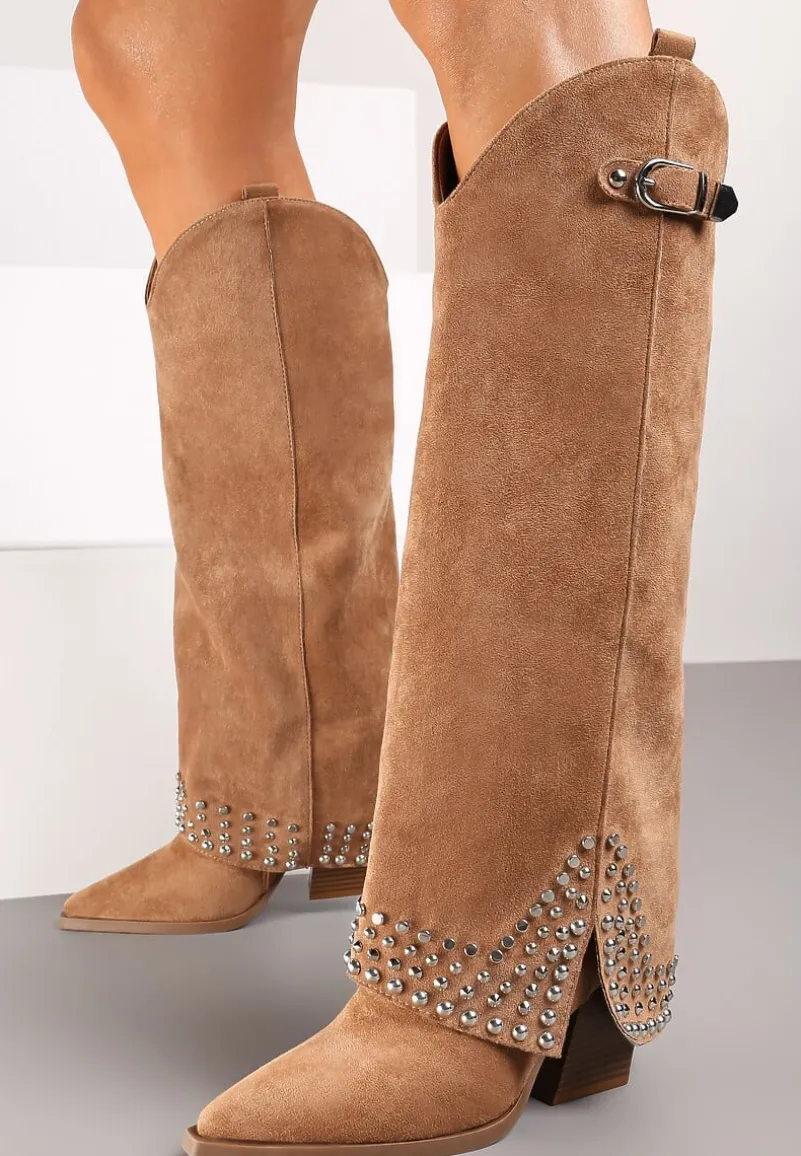 Brązowe Kozaki w Stylu Kowbojek z Nitami i Wywiniętą Cholewką Irimora