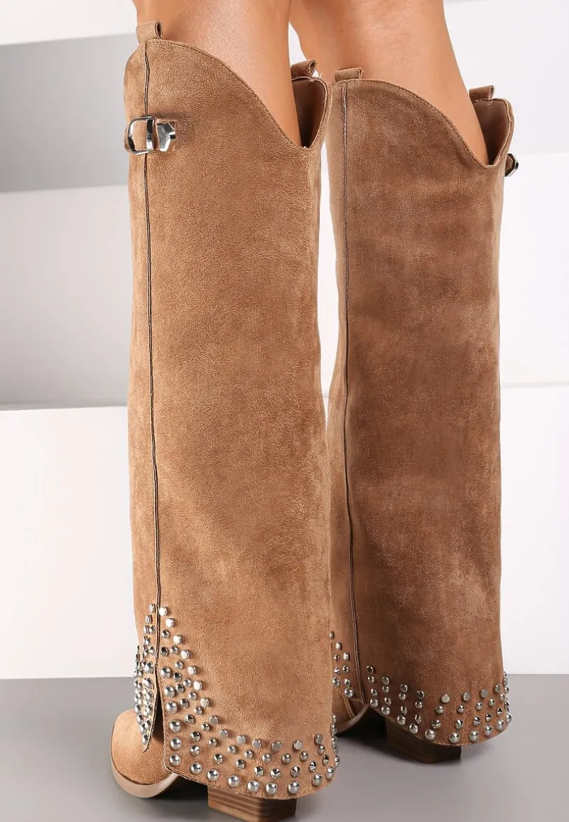 Brązowe Kozaki w Stylu Kowbojek z Nitami i Wywiniętą Cholewką Irimora