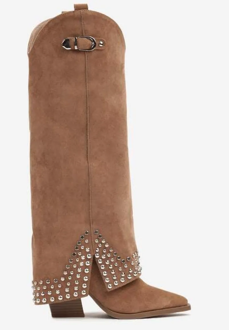 Brązowe Kozaki w Stylu Kowbojek z Nitami i Wywiniętą Cholewką Irimora