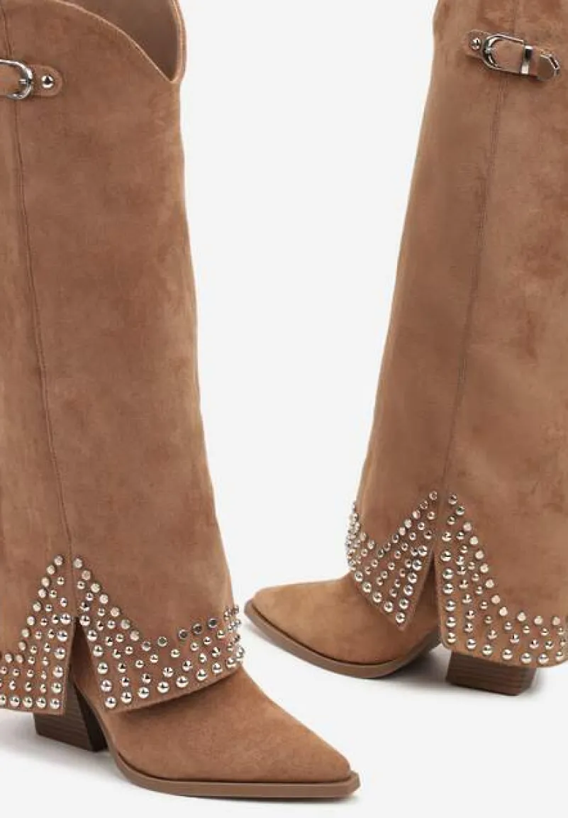 Brązowe Kozaki w Stylu Kowbojek z Nitami i Wywiniętą Cholewką Irimora