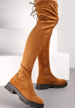 Brązowe Kozaki z Dopasowaną Cholewką za Kolano Cilki
