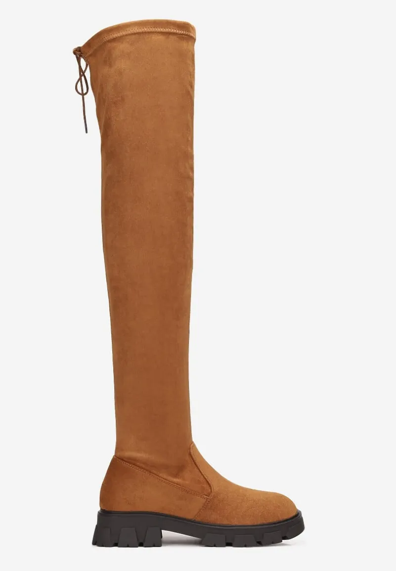 Brązowe Kozaki z Dopasowaną Cholewką za Kolano Cilki