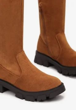 Brązowe Kozaki z Dopasowaną Cholewką za Kolano Cilki