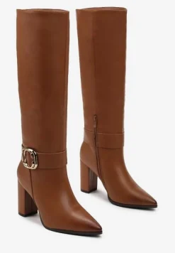 Brązowe Kozaki z Ekoskóry na Słupku z Ozdobną Klamrą Theiias