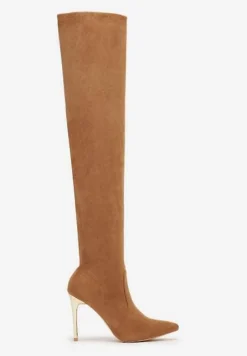 Brązowe Kozaki z Ekozamszu na Metalicznym Obcasie z Dopasowaną Cholewką za Kolano Vailina