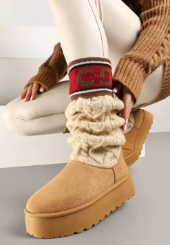 Brązowe Kozaki z Ekozamszu na Grubej Podeszwie z Dzianinową Cholewką o Skarpetkowym Fasonie Kaielia
