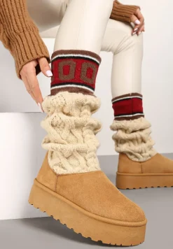 Brązowe Kozaki z Ekozamszu na Grubej Podeszwie z Dzianinową Cholewką o Skarpetkowym Fasonie Kaielia