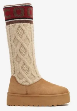 Brązowe Kozaki z Ekozamszu na Grubej Podeszwie z Dzianinową Cholewką o Skarpetkowym Fasonie Kaielia