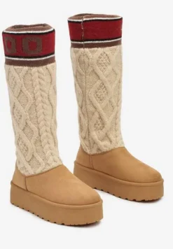 Brązowe Kozaki z Ekozamszu na Grubej Podeszwie z Dzianinową Cholewką o Skarpetkowym Fasonie Kaielia