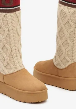 Brązowe Kozaki z Ekozamszu na Grubej Podeszwie z Dzianinową Cholewką o Skarpetkowym Fasonie Kaielia