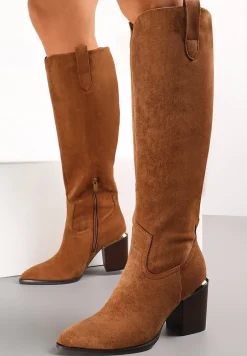 Brązowe Kozaki z Imitacji Zamszu na Słupku z Noskiem w Szpic Fincha