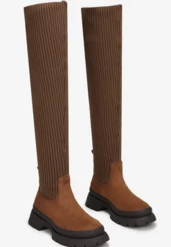 Brązowe Kozaki za Kolano z Elastyczną Cholewką Uruau