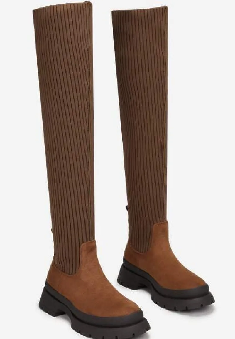 Brązowe Kozaki za Kolano z Elastyczną Cholewką Uruau