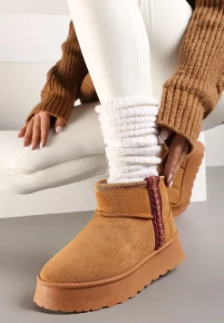 Brązowe Krótkie Śniegowce na Platformie z Ozdobną Tasiemką Motavia