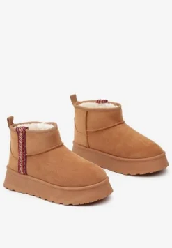 Brązowe Krótkie Śniegowce na Platformie z Ozdobną Tasiemką Motavia