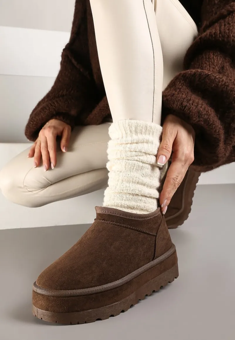 Brązowe Krótkie Śniegowce Vices z Ozdobną Lamówką Olfedi