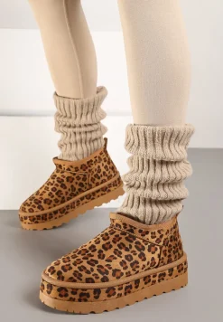 Brązowe Krótkie Śniegowce Vices z Ozdobną Lamówką i Wzorem w Panterkę Olfedi