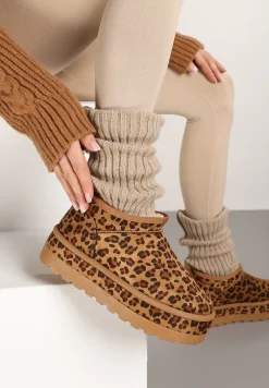 Brązowe Krótkie Śniegowce Vices z Ozdobną Lamówką i Wzorem w Panterkę Olfedi