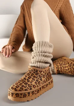 Brązowe Krótkie Śniegowce Vices z Ozdobną Lamówką i Wzorem w Panterkę Olfedi