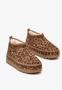 Brązowe Krótkie Śniegowce Vices z Ozdobną Lamówką i Wzorem w Panterkę Olfedi