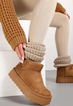 Brązowe Krótkie Śniegowce z Ekozamszu na Niskiej Platformie Lennael