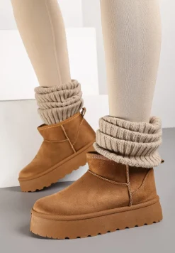 Brązowe Krótkie Śniegowce z Ekozamszu na Niskiej Platformie Lennael