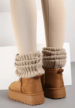 Brązowe Krótkie Śniegowce z Ekozamszu na Niskiej Platformie Lennael