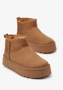 Brązowe Krótkie Śniegowce z Ekozamszu na Niskiej Platformie Lennael