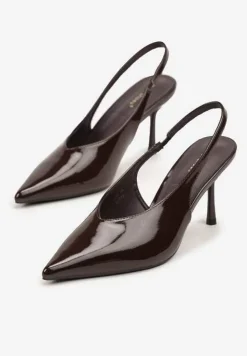 Brązowe Lakierowane Sandały na Szpilce Typu Slingback Addoxie