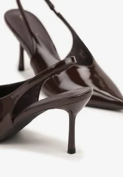 Brązowe Lakierowane Sandały na Szpilce Typu Slingback Addoxie