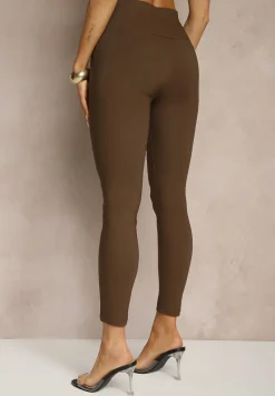 Brązowe Legginsy High Waist z Ozdobnymi Guzikami Kolowenia